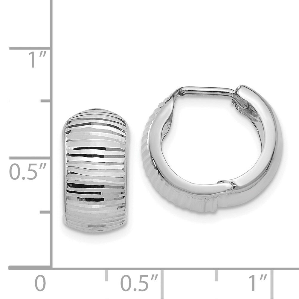 14K White Gold Textured and Polished Hinged Hoop Earrings 17mm length