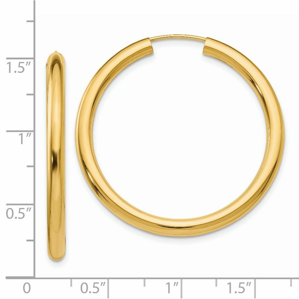 14K Yellow Gold Polished Endless Tube Hoop Earrings 35mm length