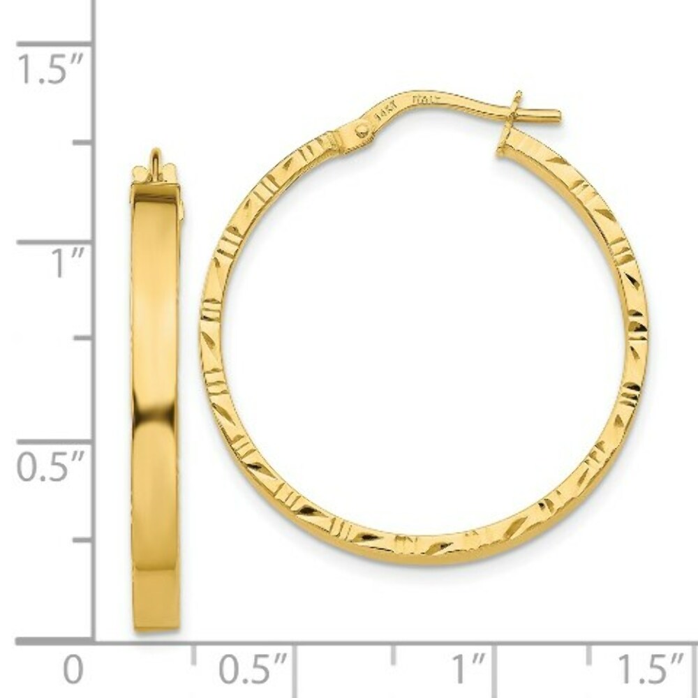 14K Yellow Gold Diamond Cut Edge Polished Hoop Earrings  25mm length