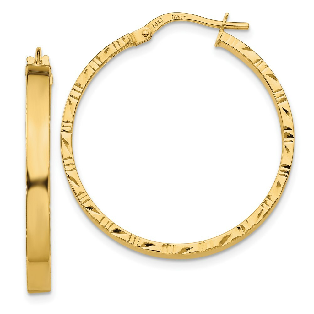 14K Yellow Gold Diamond Cut Edge Polished Hoop Earrings  25mm length