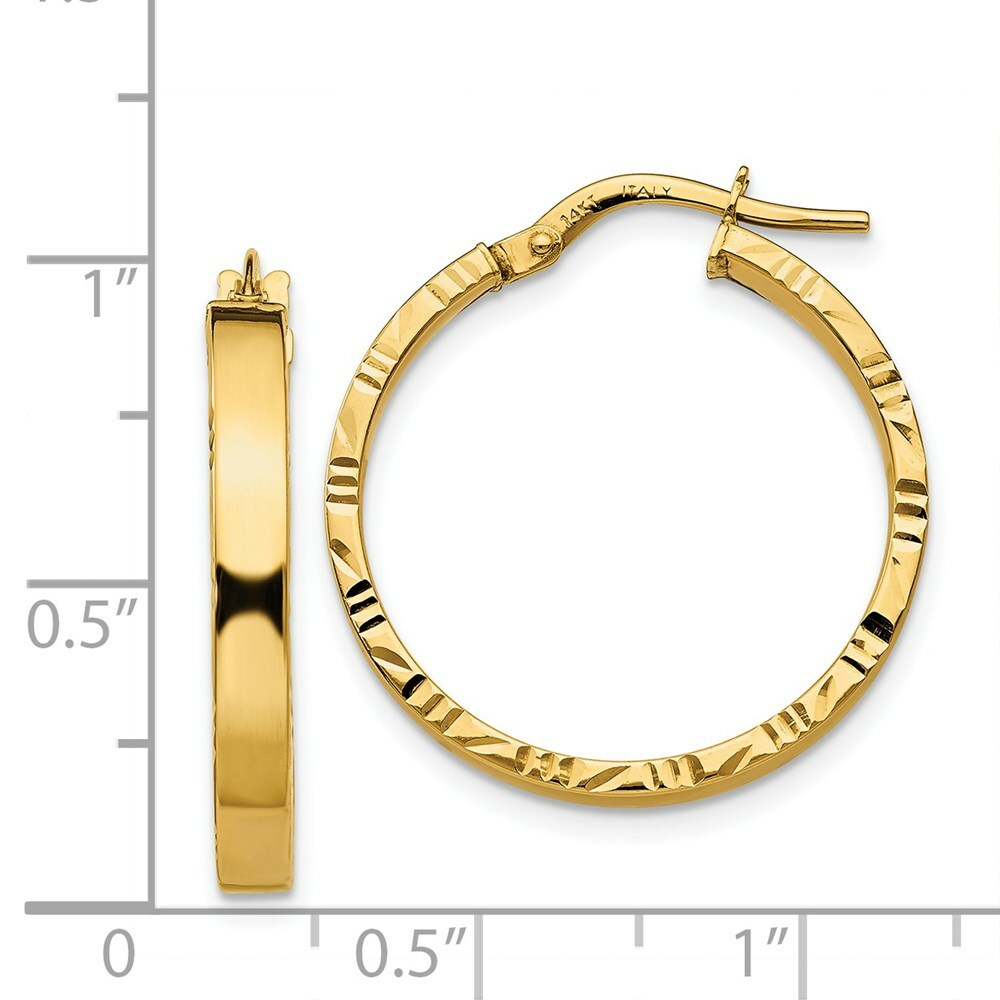 14K Yellow Gold Diamond Cut Edge Polished Hoop Earrings  20mm length