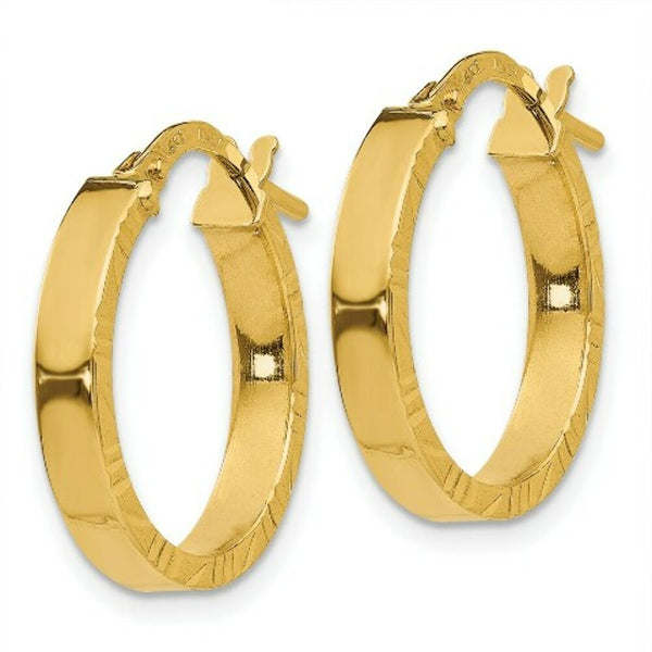 14K Yellow Gold Diamond Cut Edge Polished Hoop Earrings  15mm length