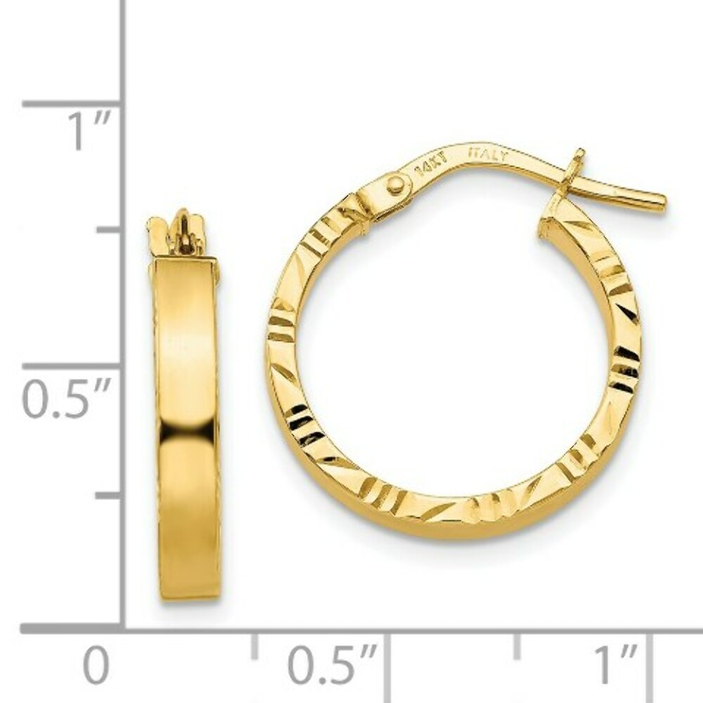 14K Yellow Gold Diamond Cut Edge Polished Hoop Earrings  15mm length