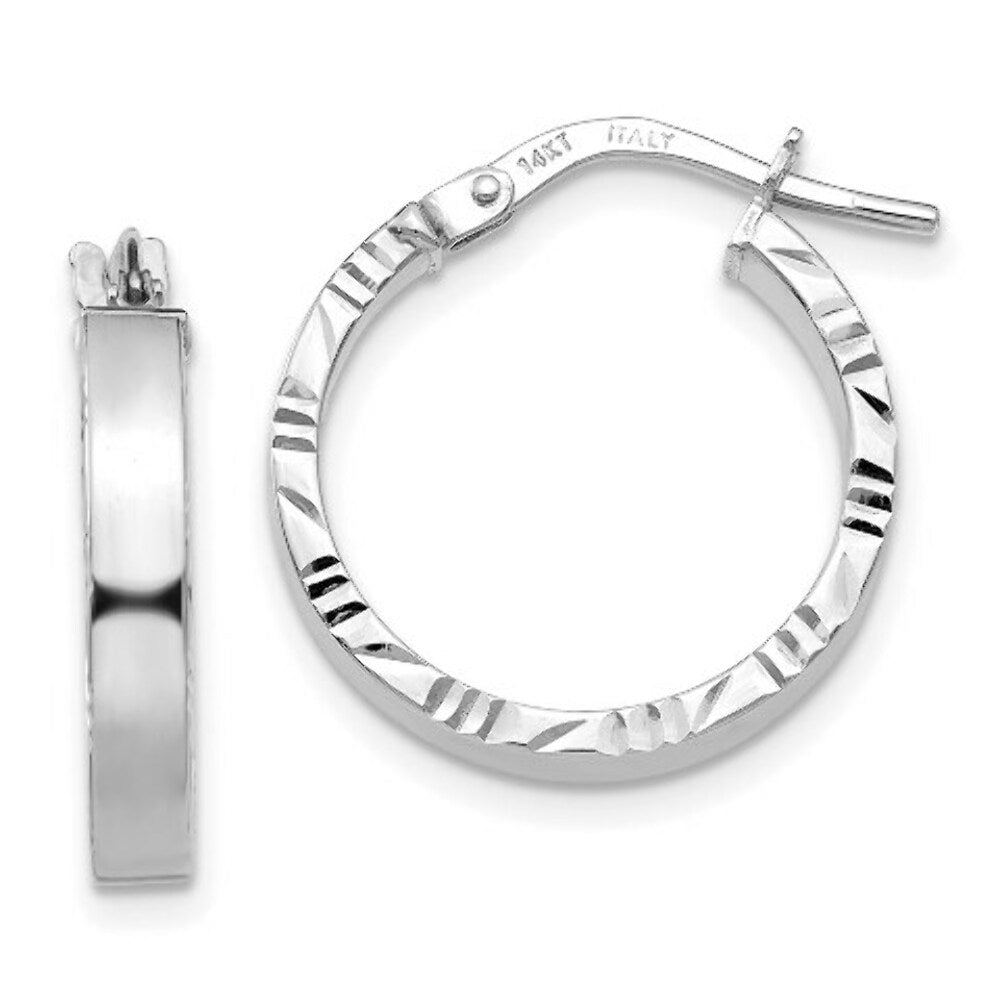 14K White Gold Diamond Cut Edge Polished Hoop Earrings 15mm length