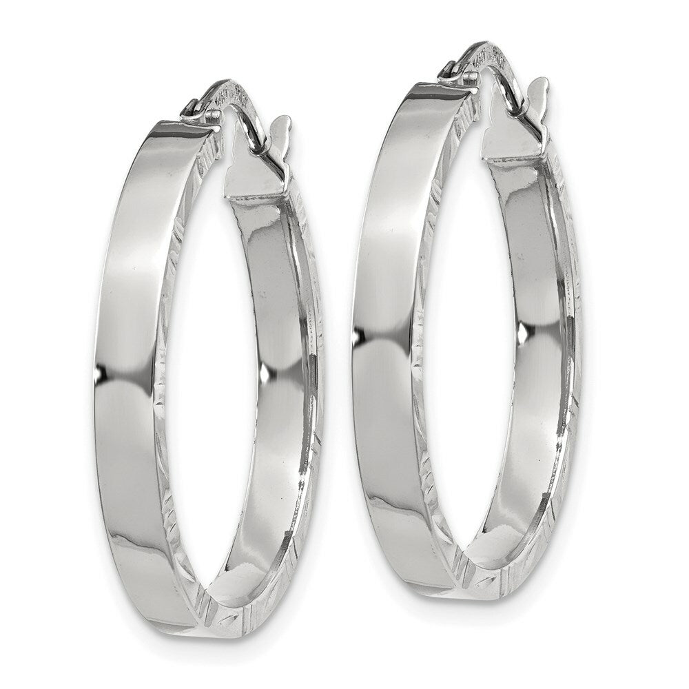 14K White Gold Diamond Cut Edge Polished Hoop Earrings 20mm length