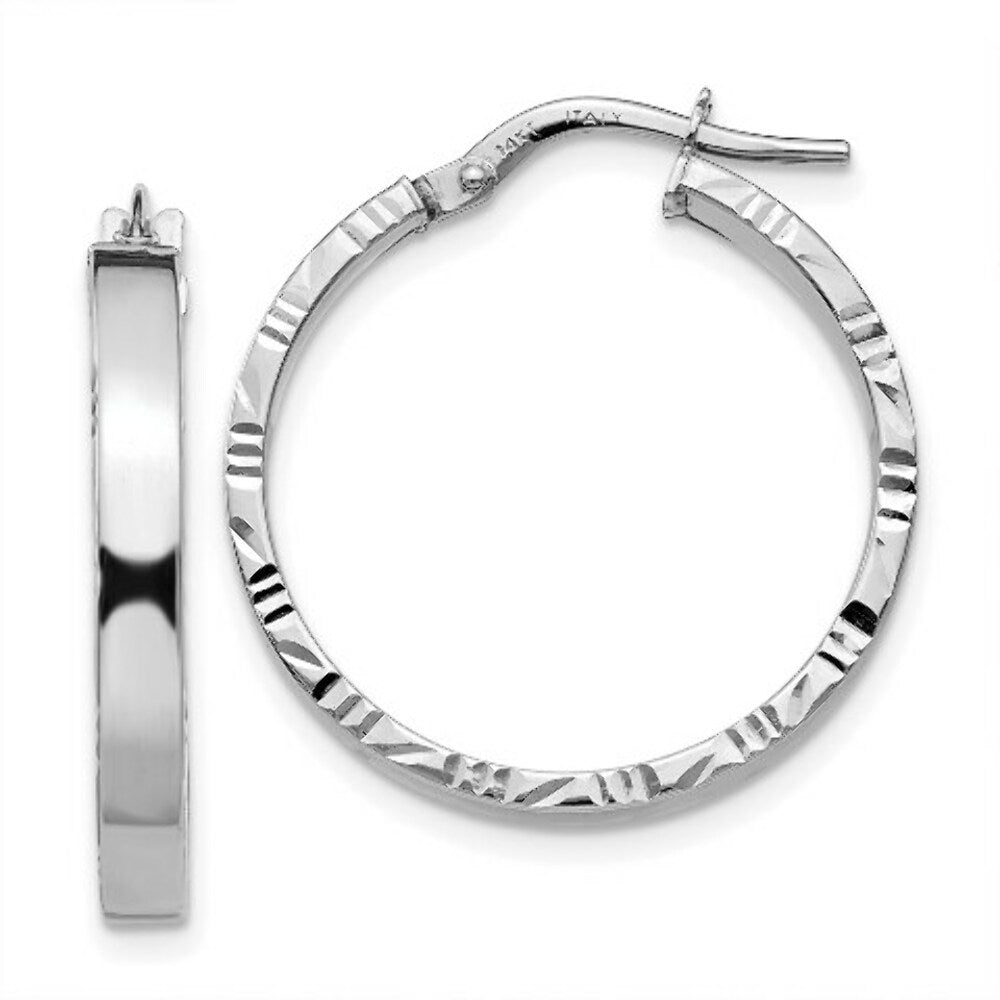 14K White Gold Diamond Cut Edge Polished Hoop Earrings 20mm length