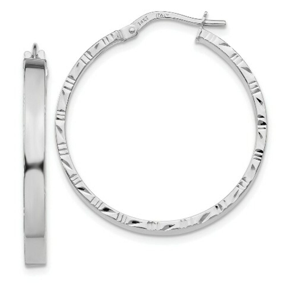 14K White Gold Diamond Cut Edge Polished Hoop Earrings 25mm length