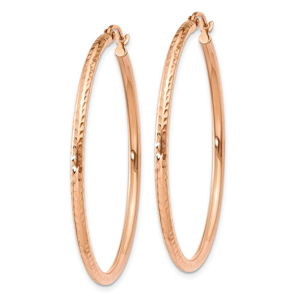 14K Rose Gold Polished Light Weight Large Diamond-cut Tube Hoop Earrings  40mm length