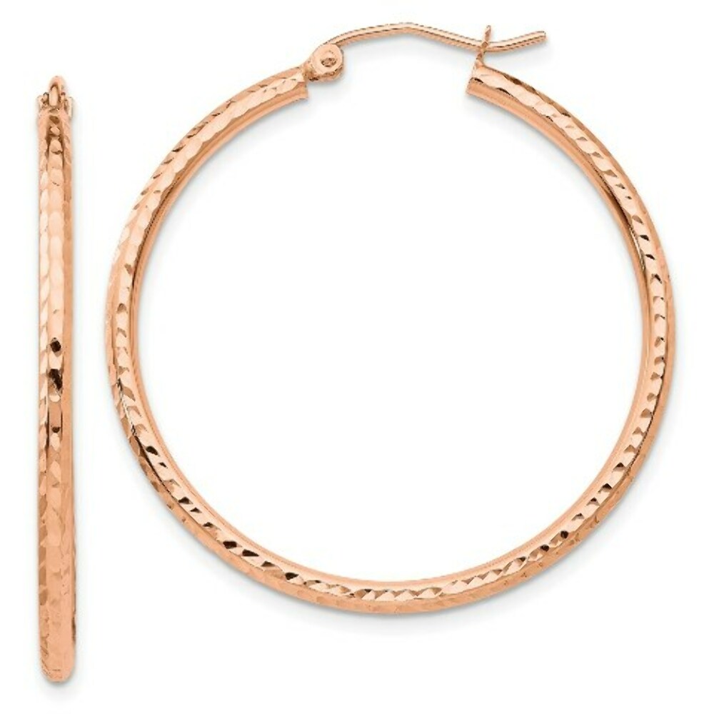 14K Rose Gold Polished Light Weight Large Diamond-cut Tube Hoop Earrings  35mm length