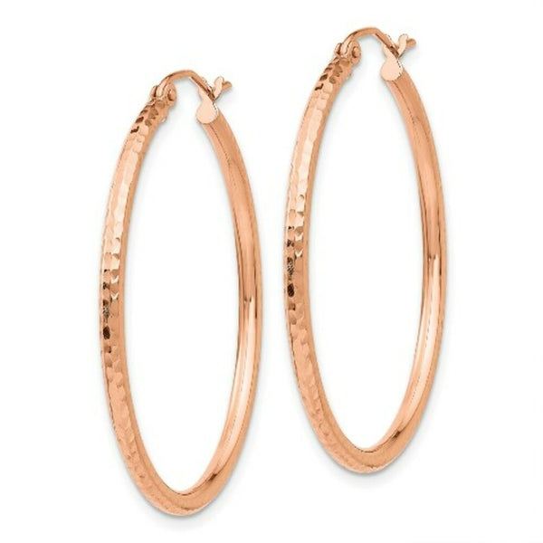 14K Rose Gold Polished Light Weight Large Diamond-cut Tube Hoop Earrings  35mm length