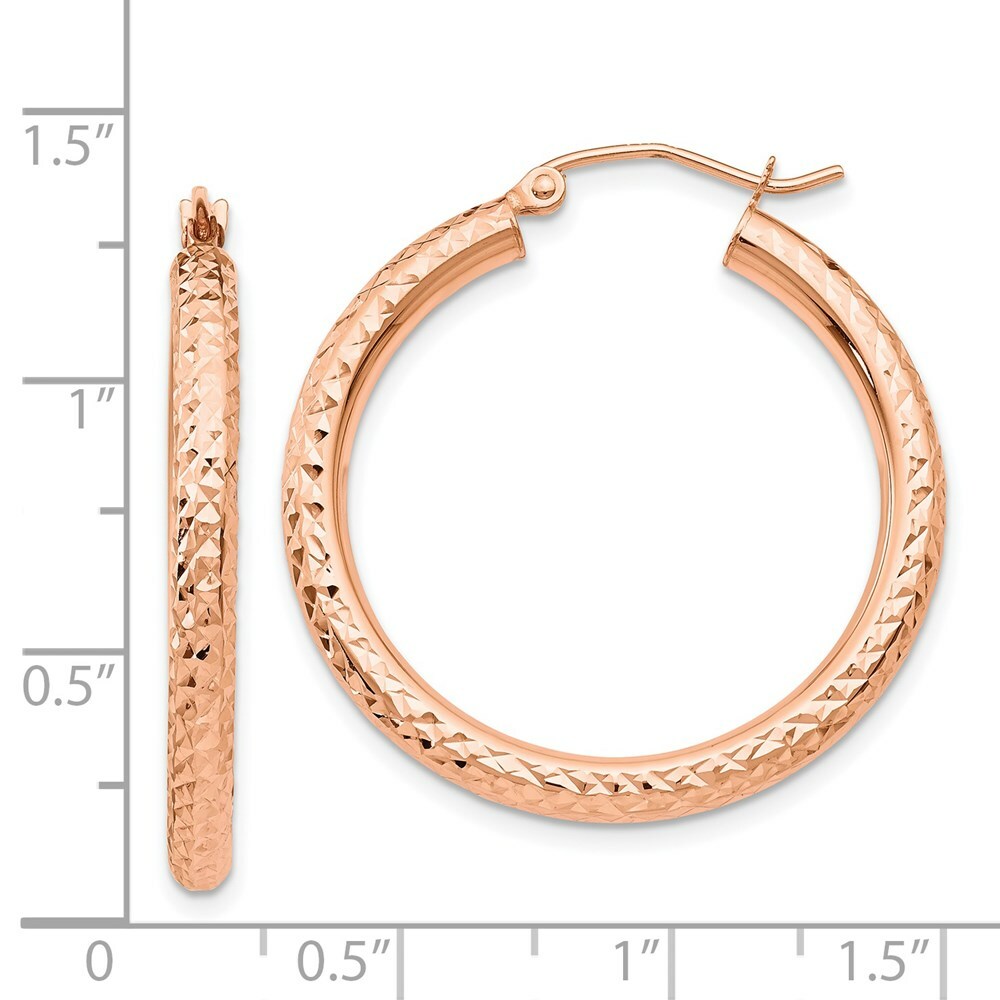 14K Rose Gold Diamond-cut 3mm Round Hoop Earrings  30mm length