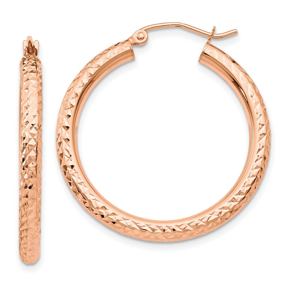 14K Rose Gold Diamond-cut 3mm Round Hoop Earrings  30mm length