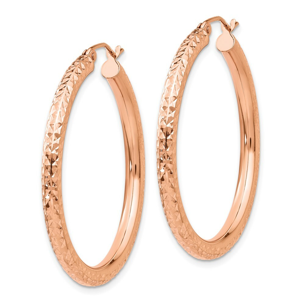 14K Rose Gold Diamond-cut 3mm Round Hoop Earrings  35mm length