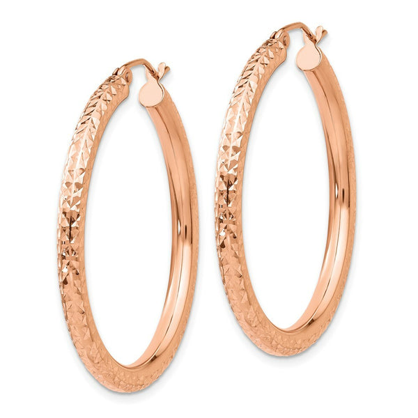 14K Rose Gold Diamond-cut 3mm Round Hoop Earrings  35mm length