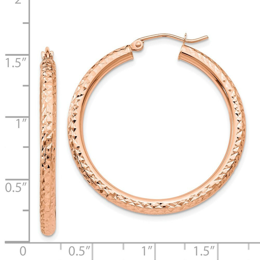 14K Rose Gold Diamond-cut 3mm Round Hoop Earrings  35mm length