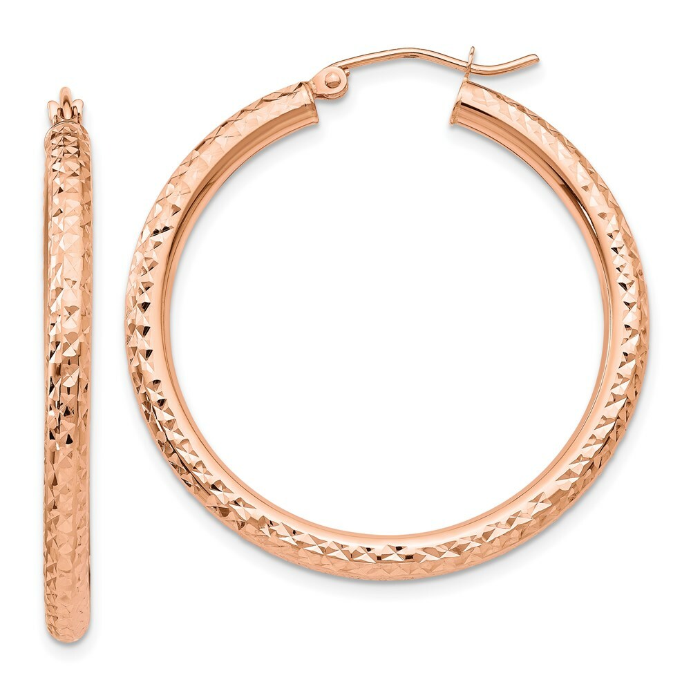 14K Rose Gold Diamond-cut 3mm Round Hoop Earrings  35mm length