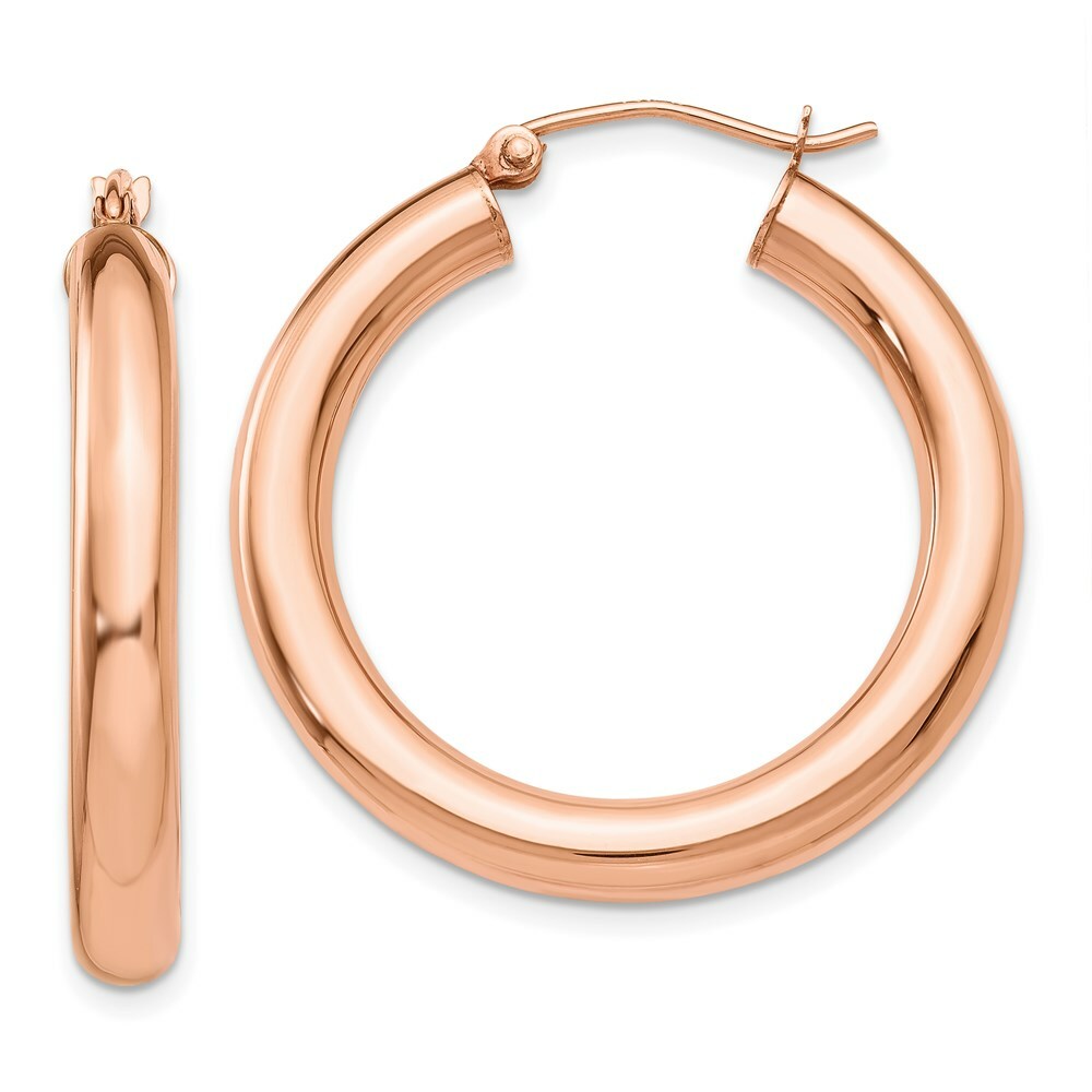 14K Rose Gold Polished Tube Hoop Earrings  30mm length