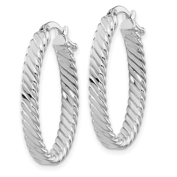 14K White Gold Patterned Oval Hoop Earrings  13mm width