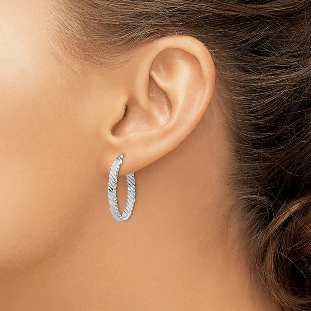 14K White Gold Patterned Oval Hoop Earrings  13mm width