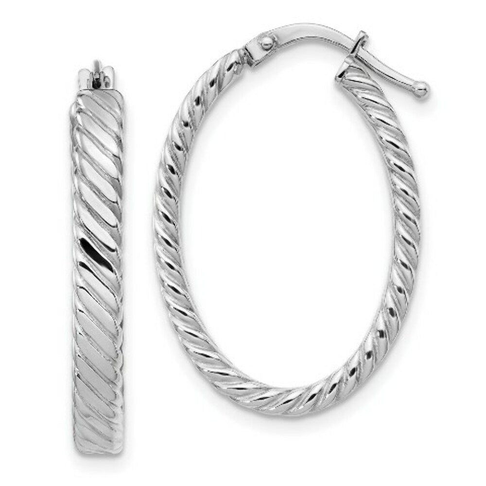 14K White Gold Patterned Oval Hoop Earrings  13mm width