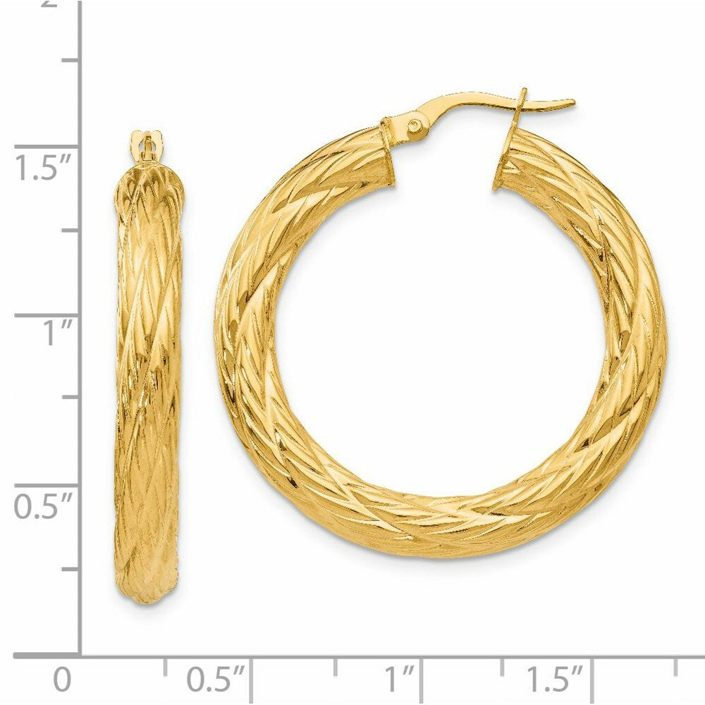 14K Yellow Gold Textured Tube Hoop Earrings  37mm width