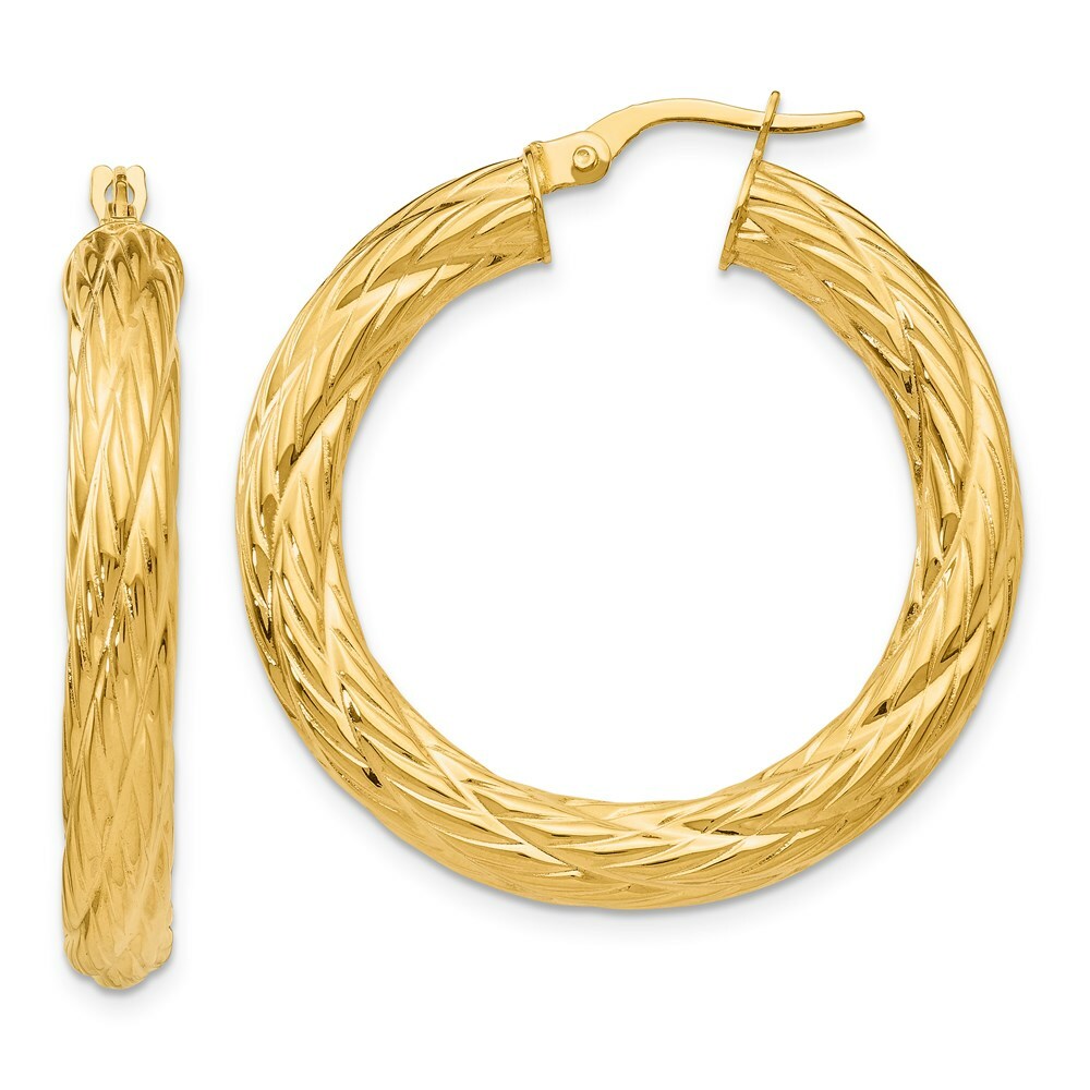 14K Yellow Gold Textured Tube Hoop Earrings  37mm width