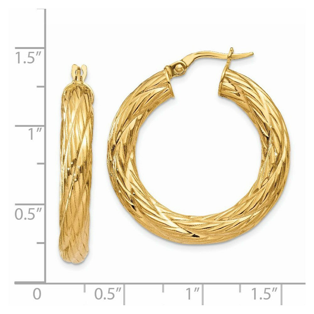 14K Yellow Gold Textured Tube Hoop Earrings  32mm width