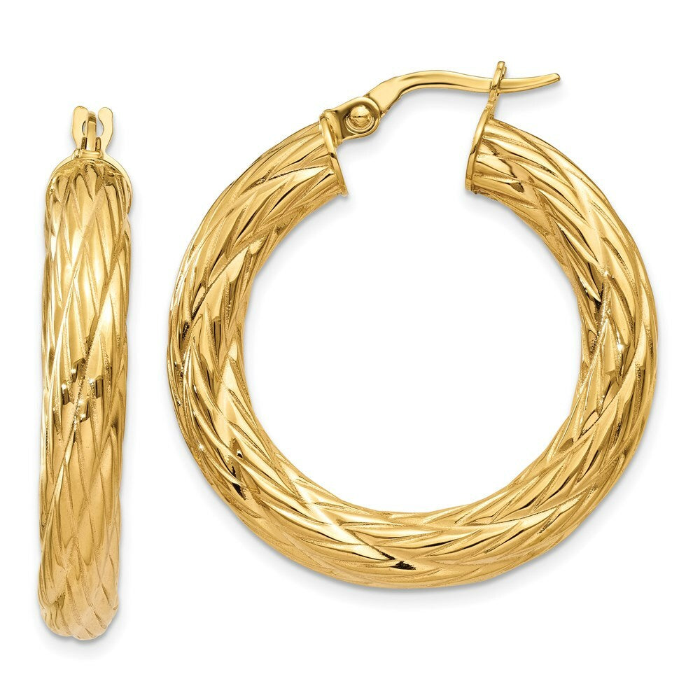 14K Yellow Gold Textured Tube Hoop Earrings  32mm width