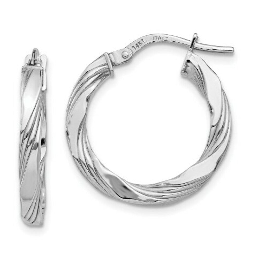 14K White Gold Twisted Textured Hoop Earrings  3mm width