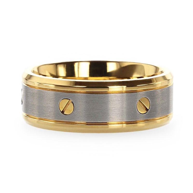 Mens Titanium Gold-Plated Rotating Screw Design Beveled Polished Edges Wedding Ring - Flat Brushed Comfort Fit - 8mm Wide - Style name: BOUNDLESS