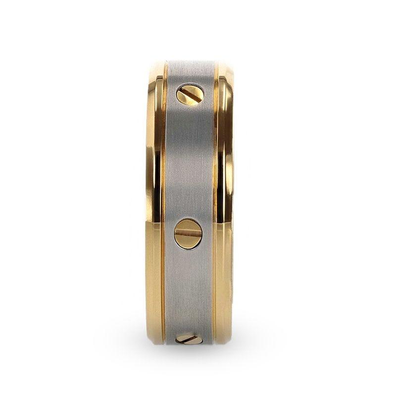 Mens Titanium Gold-Plated Rotating Screw Design Beveled Polished Edges Wedding Ring - Flat Brushed Comfort Fit - 8mm Wide - Style name: BOUNDLESS