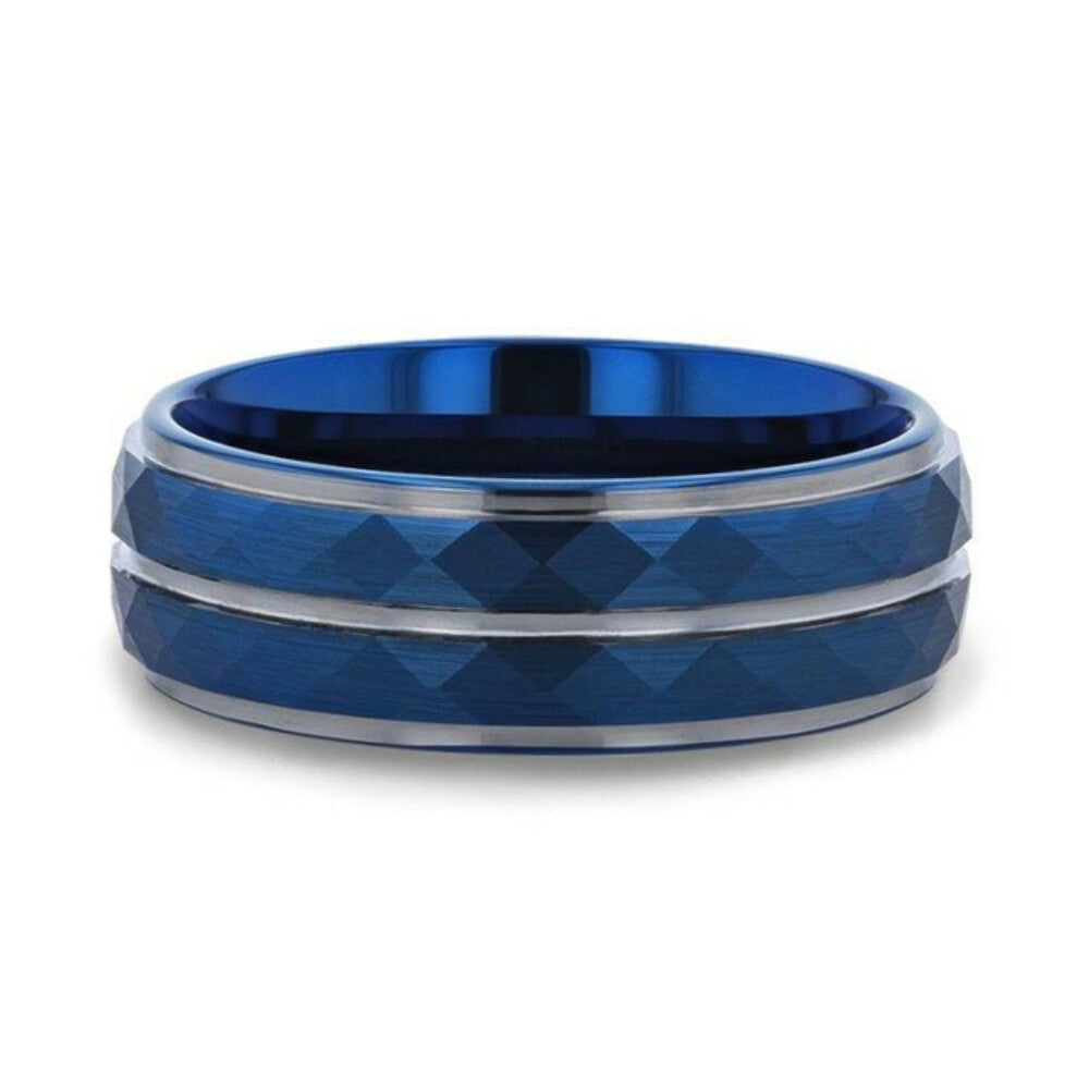 Mens Blue Ion Plated Tungsten Carbide Wedding Ring - Faceted Center And Stepped Edges - 8mm Wide - Style name: CARMEL