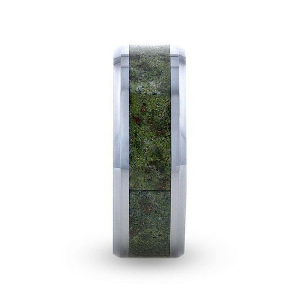 Mens Tungsten Carbide Beveled Edges Green Copper Conglomerate Inlay Wedding Ring - 8mm Wide - Style name: LIBERTY