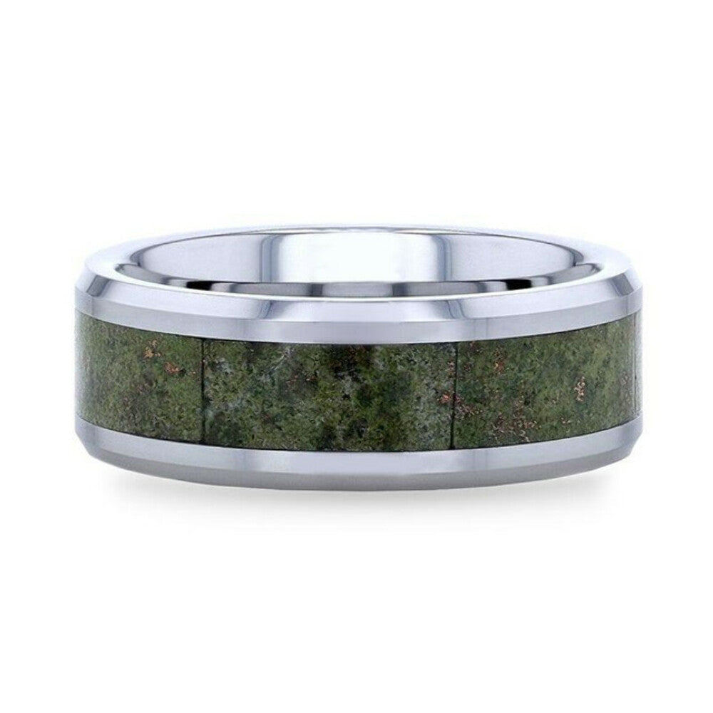 Mens Tungsten Carbide Beveled Edges Green Copper Conglomerate Inlay Wedding Ring - 8mm Wide - Style name: LIBERTY