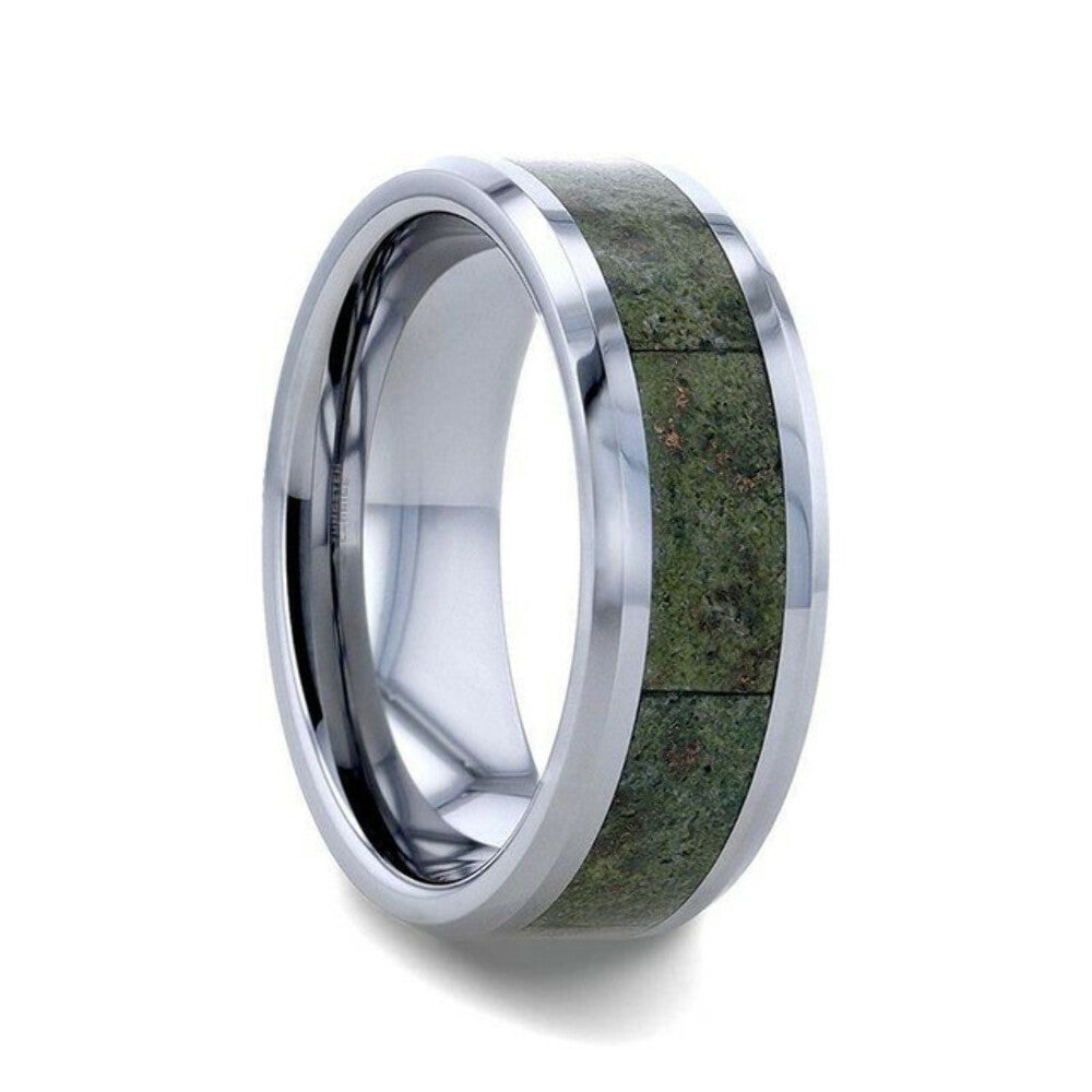 Mens Tungsten Carbide Beveled Edges Green Copper Conglomerate Inlay Wedding Ring - 8mm Wide - Style name: LIBERTY