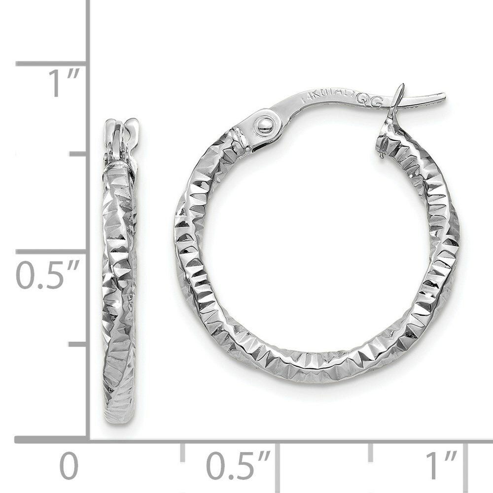 14K White Gold Polished and Textured Hoop Earrings  2mm width