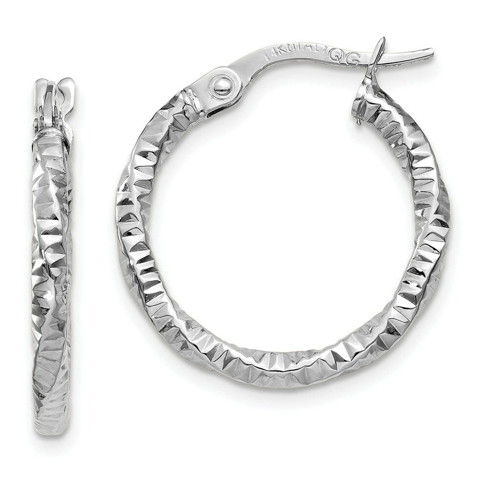 14K White Gold Polished and Textured Hoop Earrings  2mm width