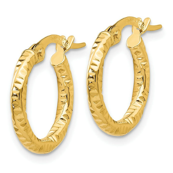 14K Yellow Gold Polished and Textured Hoop Earrings 14mm length