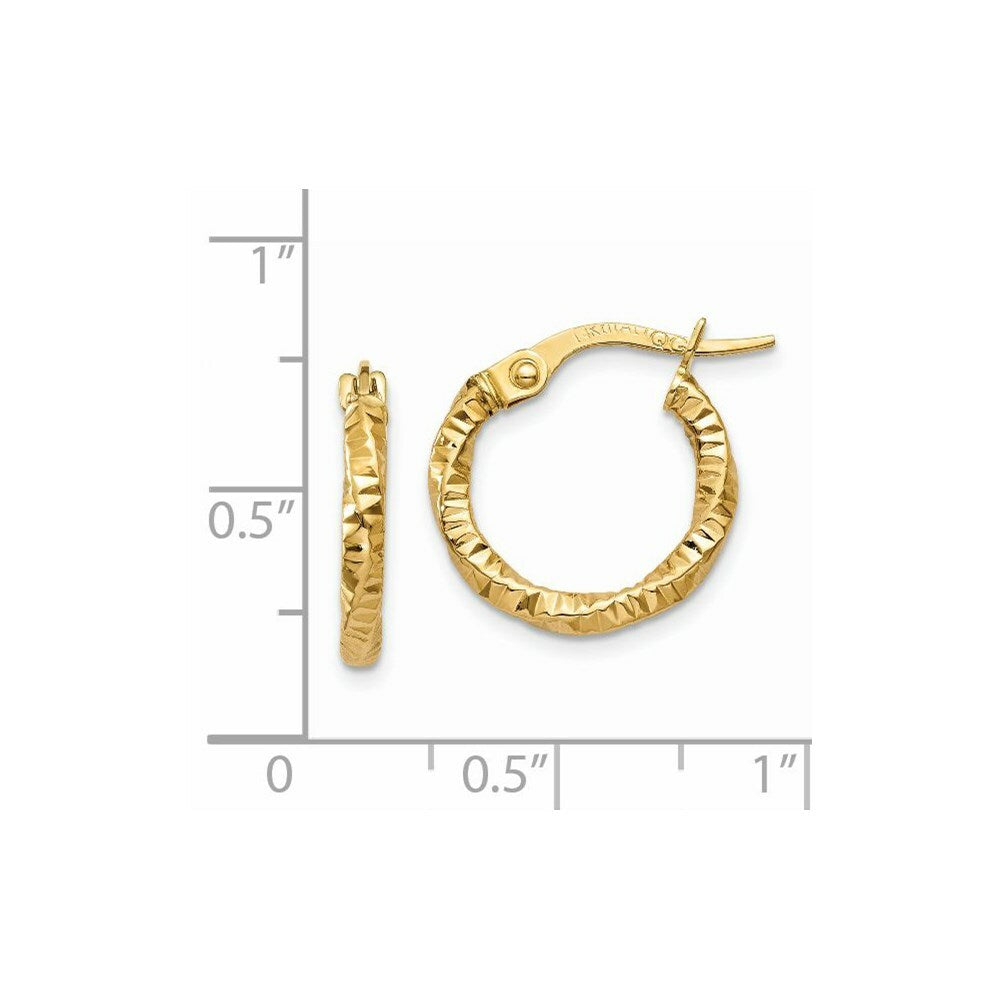 14K Yellow Gold Polished and Textured Hoop Earrings 14mm length