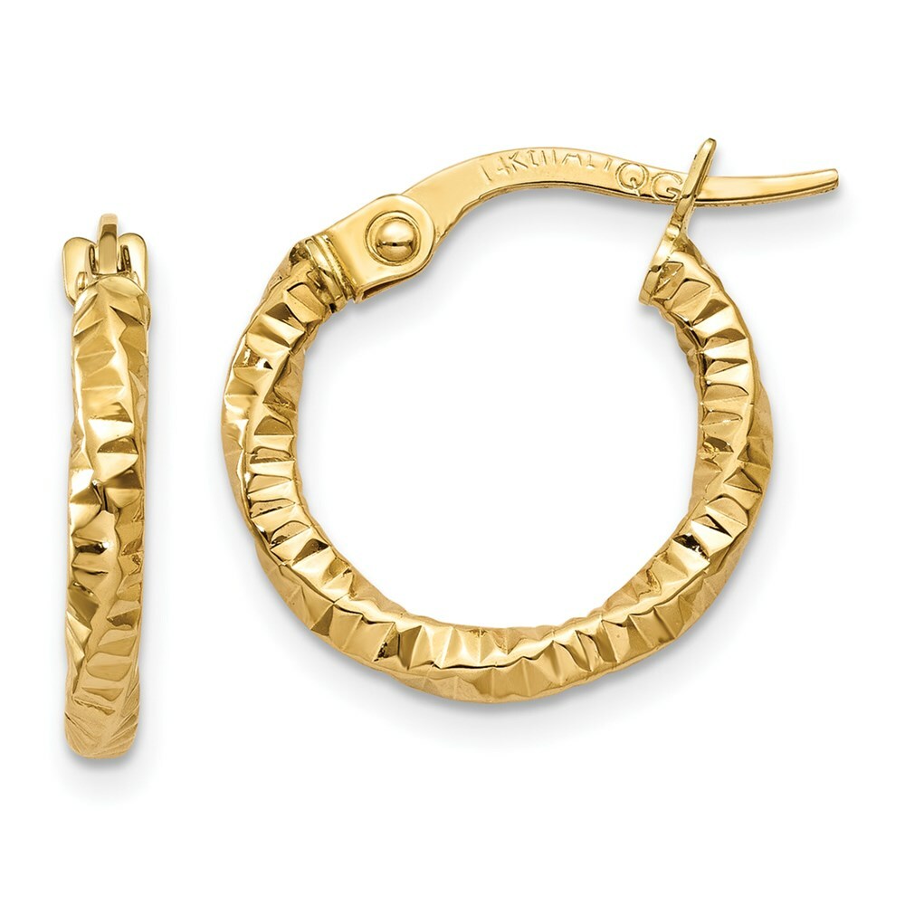14K Yellow Gold Polished and Textured Hoop Earrings 14mm length