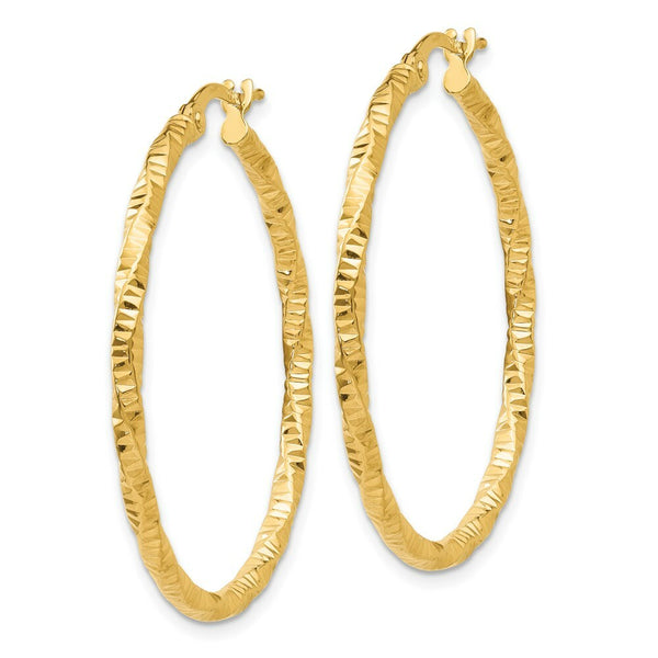 14K Yellow Gold Polished and Textured Hoop Earrings 35mm length