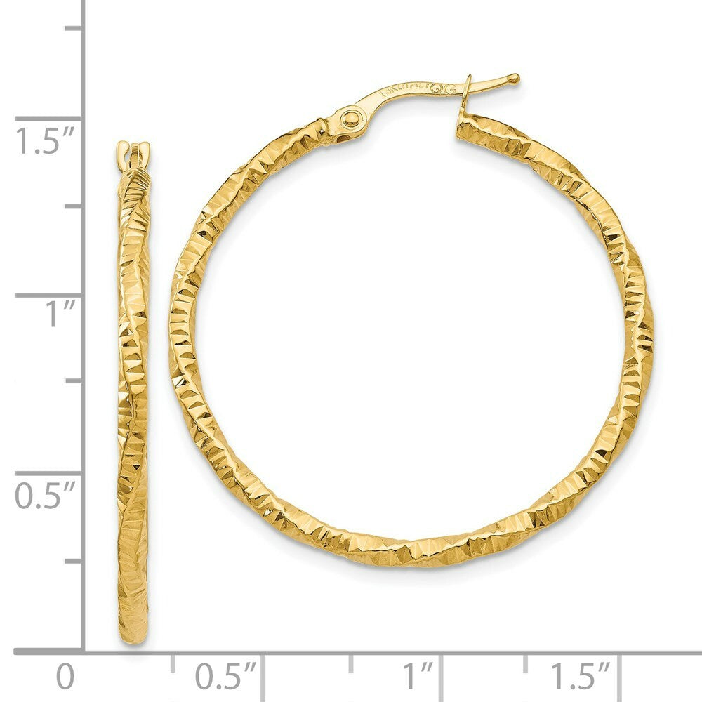 14K Yellow Gold Polished and Textured Hoop Earrings 35mm length