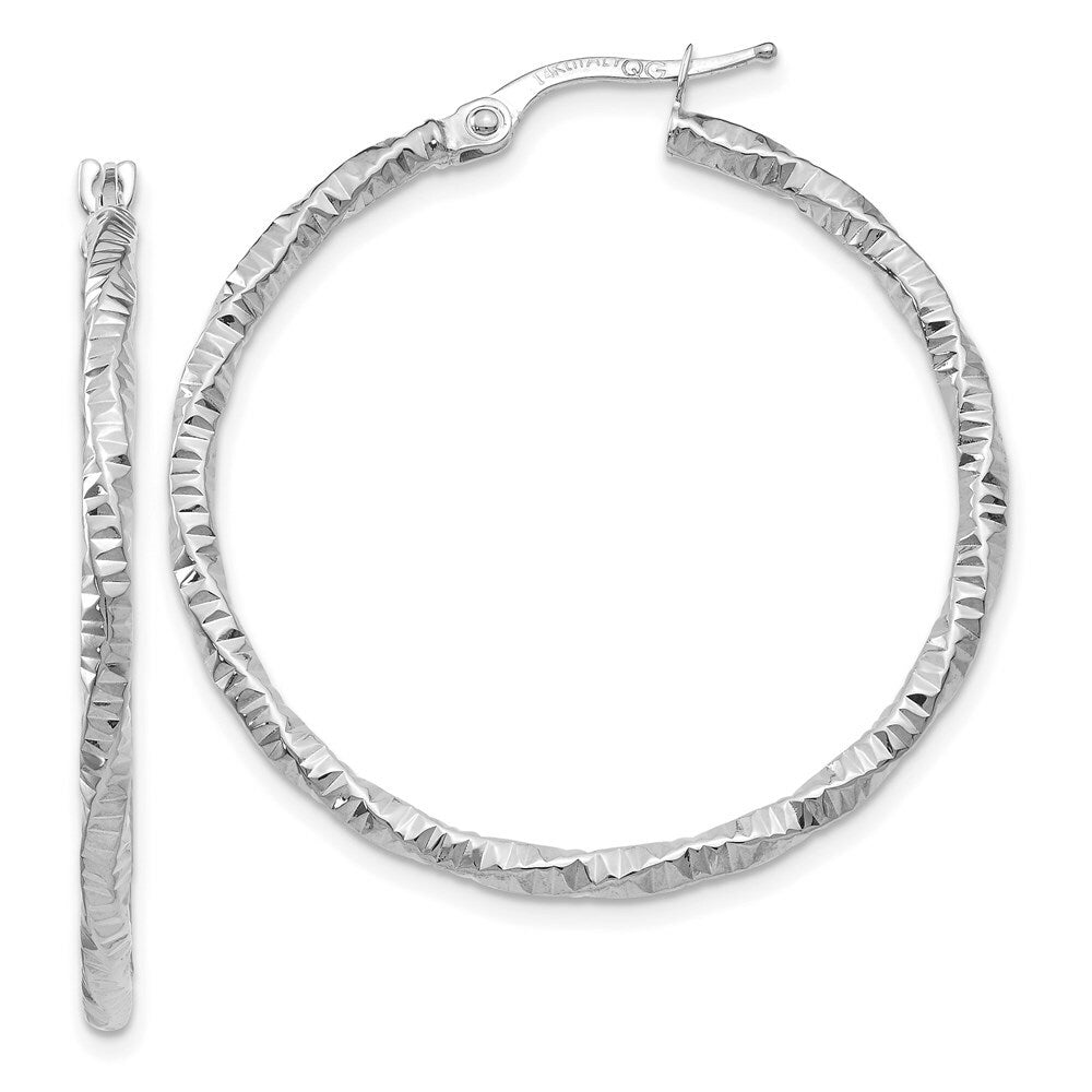 14K White Gold Polished and Textured Hoop Earrings  2mm width