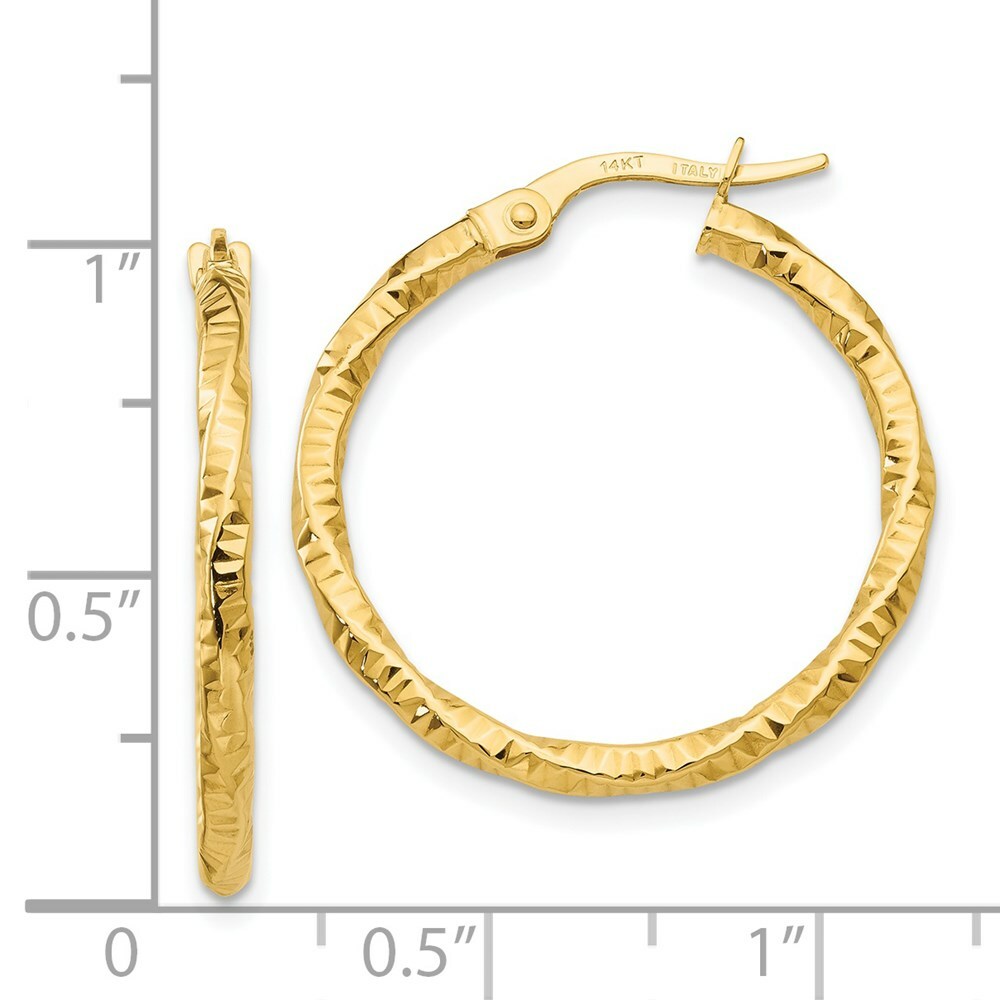 14K Yellow Gold Polished and Textured Hoop Earrings 25mm length