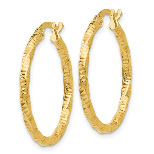 14K Yellow Gold Polished and Textured Hoop Earrings 25mm length
