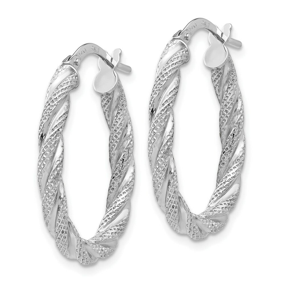 14K White Gold Twisted Textured Oval Hoop Earrings  3mm width