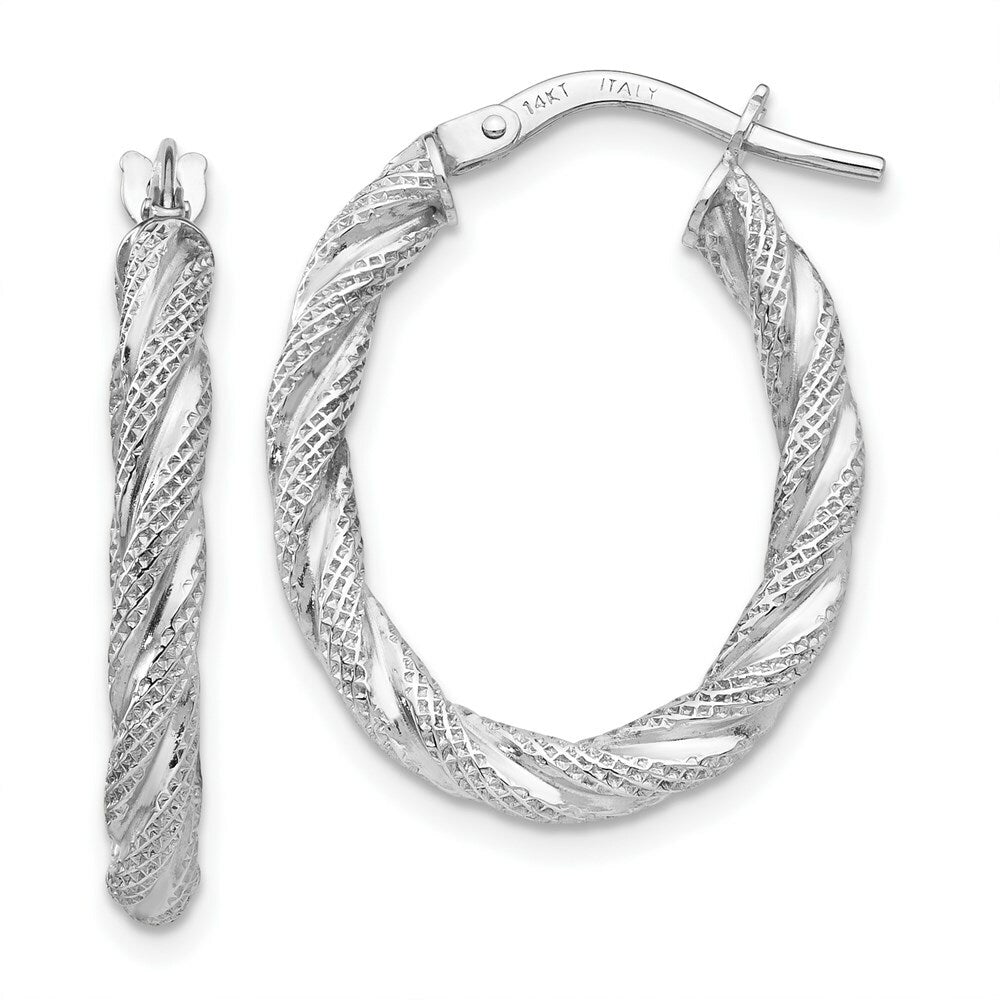 14K White Gold Twisted Textured Oval Hoop Earrings  3mm width
