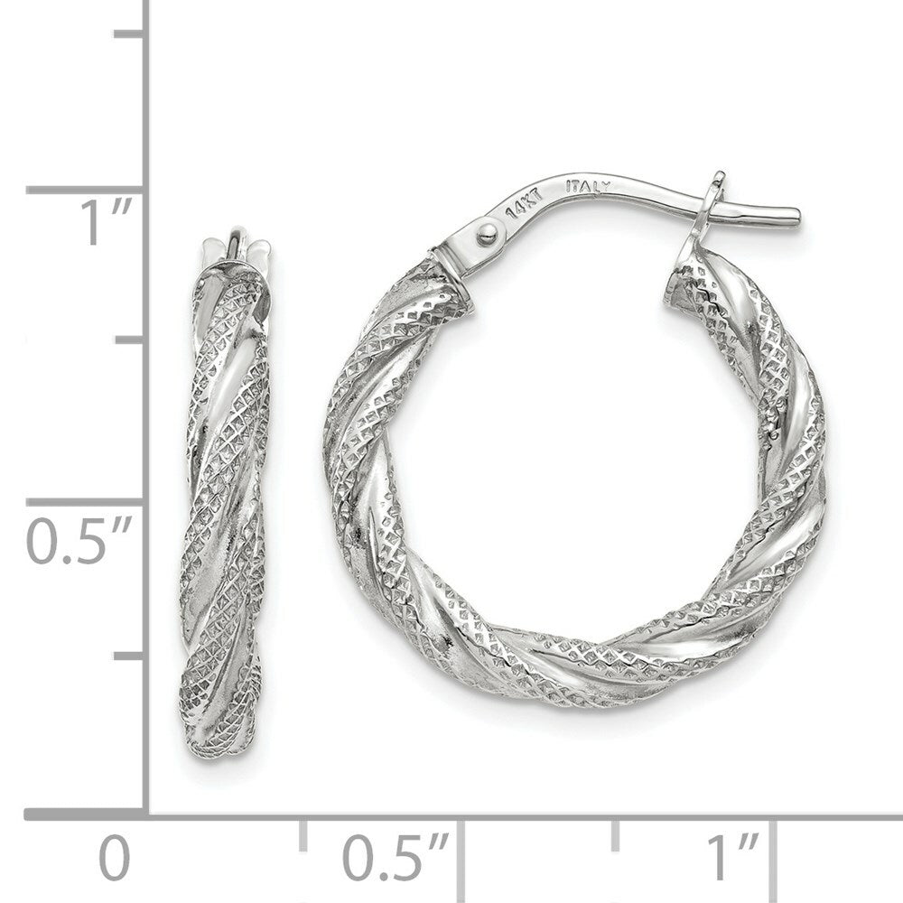 14K White Gold Twisted Textured Hoop Earrings  3mm width