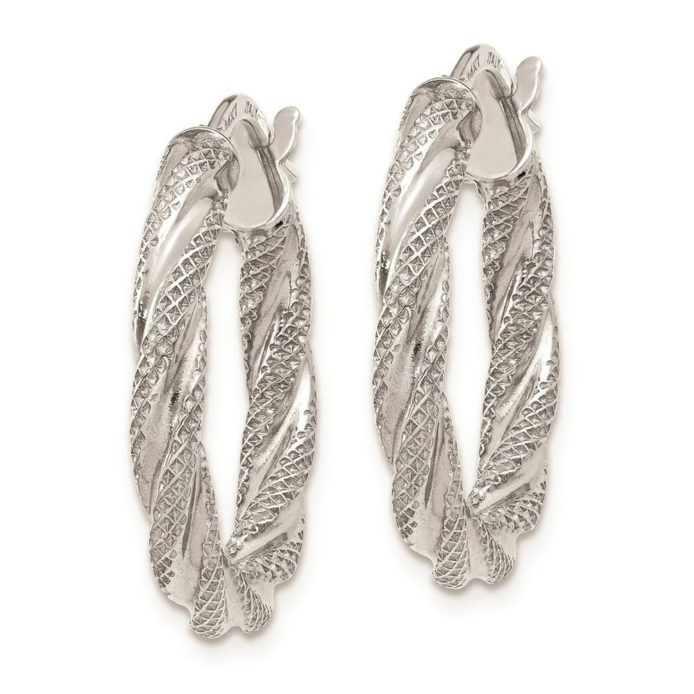14K White Gold Twisted Textured Hoop Earrings  3mm width