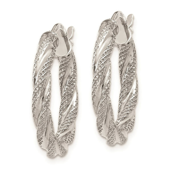 14K White Gold Twisted Textured Hoop Earrings  3mm width